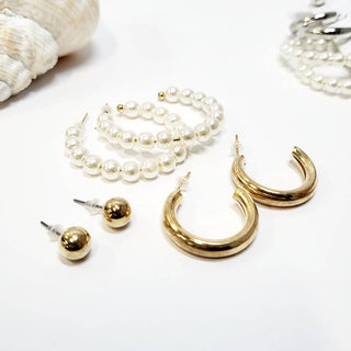 3 Pair Stud and Hoop Earrings Set