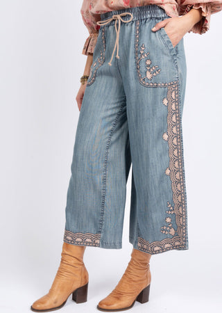 Border Embroidered Denim Pant by Ivy Jane