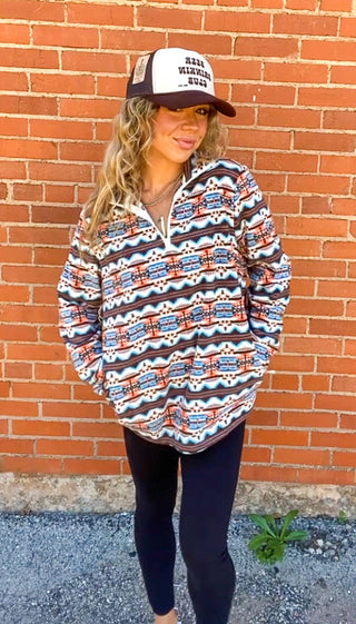 Aztec Print 1/4 Zip Fleece Pullover by Cotton & Rye