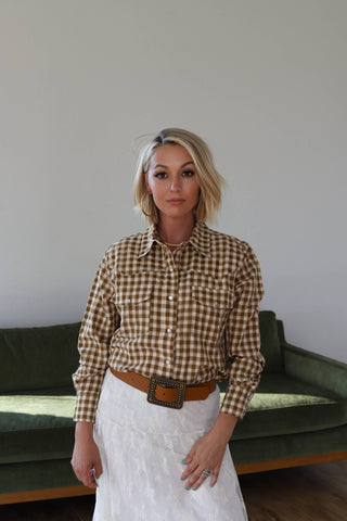 Brown Gingham Pearl Snap Western Shirt