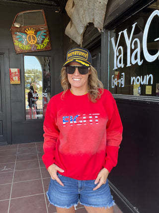 red hand bleached sweatshirt on girl with embroidered FIGHT on front