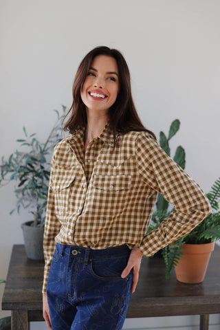 Brown Gingham Pearl Snap Western Shirt